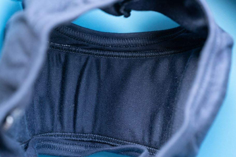 Inside view of the brief showing the gusset with its waterproof and absorbent layer.